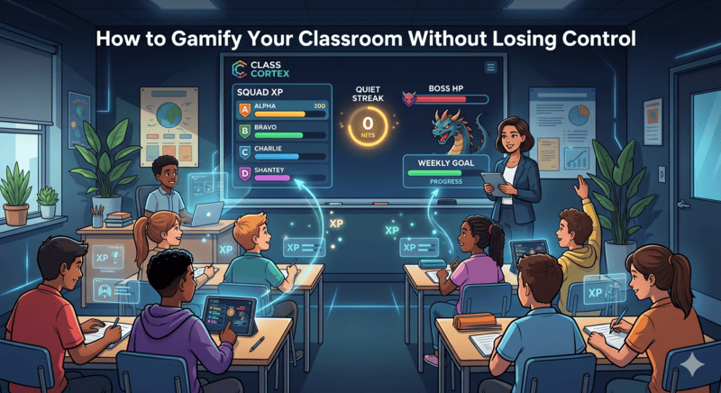 Teacher managing a calm but gamified classroom using a dashboard