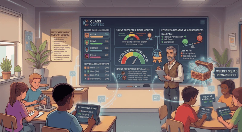 Classroom behaviour management strategies for secondary teachers showing silent XP consequence system and automated noise monitor on smartboard