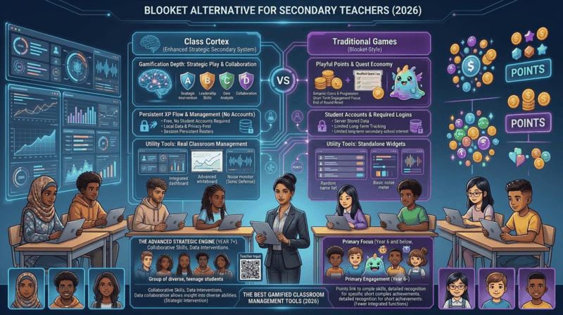 Comparison of Blooket alternatives for secondary teachers showing persistent XP and squad-based classroom management tools