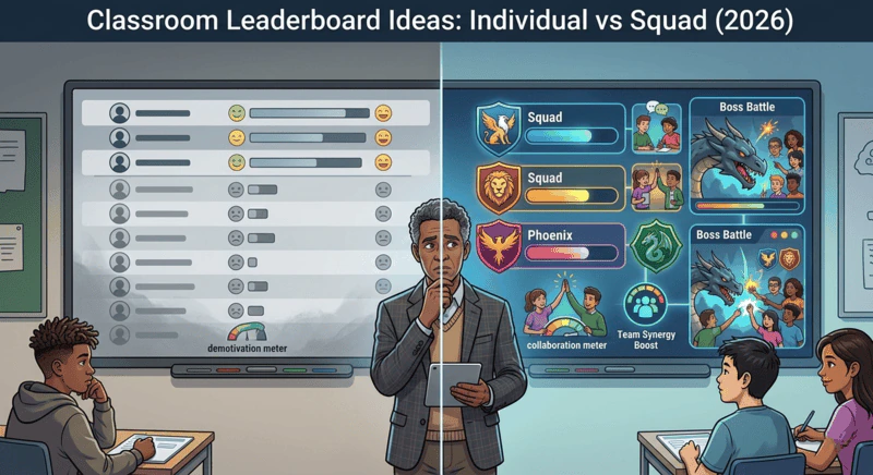 Classroom squad leaderboard displayed on a smartboard showing six team XP bars competing across a secondary school term