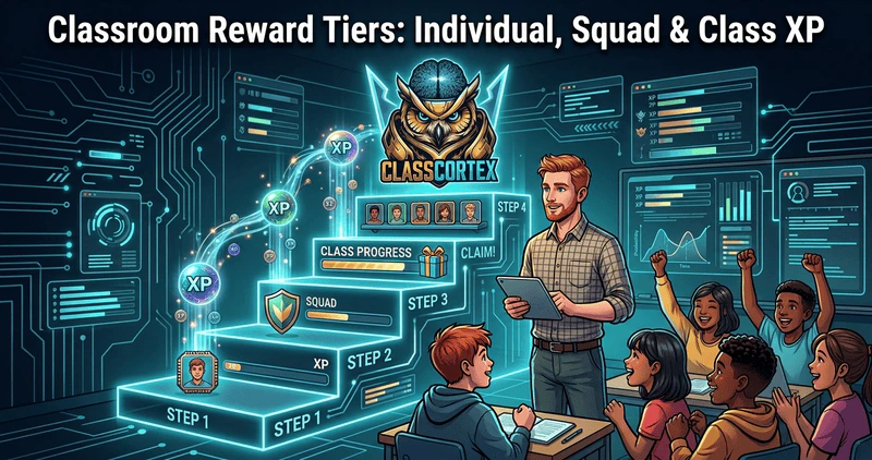 Classroom reward tiers diagram showing individual XP, squad XP and class XP connected in Class Cortex