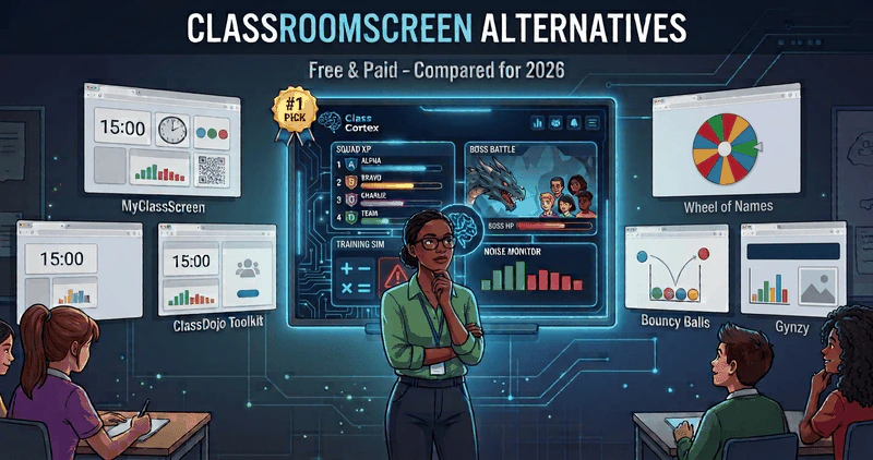Classroomscreen alternatives illustration - a teacher in front of the Class Cortex dashboard marked #1 pick, surrounded by MyClassScreen, ClassDojo Toolkit, Gynzy, Bouncy Balls and Wheel of Names screens