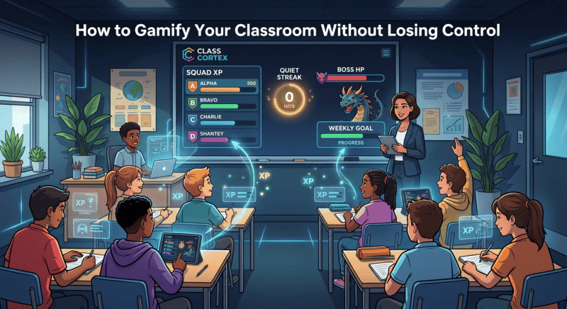 Teacher using a gamified classroom management system with XP tracking and Boss Battle mode displayed on a smartboard for student engagement