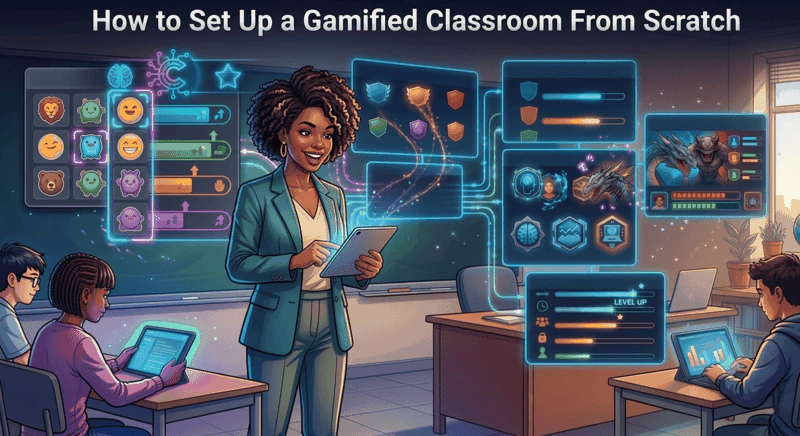 Step-by-step gamified classroom setup guide showing Class Cortex Command Deck with squad XP bars, noise monitor, and Boss Battle configuration