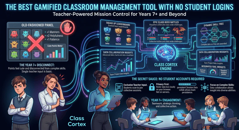 Gamified classroom management dashboard showing XP tracking, squad leaderboards, and Boss Battles with no student login required