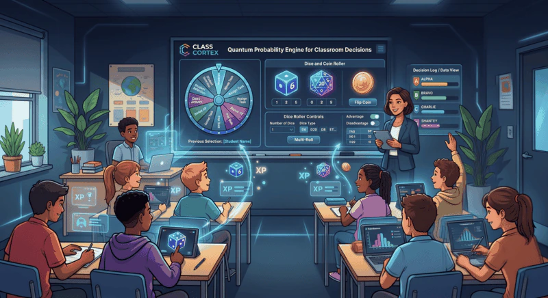 Free classroom probability tool comparison showing Class Cortex Quantum Core with D6 D20 coin flip advantage and disadvantage modifiers on teacher dashboard