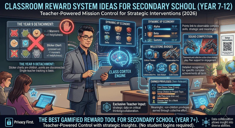 Classroom reward system ideas for secondary school showing XP economy, squad competition and milestone badges for Year 7 to Year 12 students