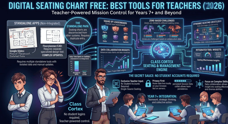 Comparison of the best free digital seating chart tools for teachers in 2026 including Class Cortex Ordnance Seating Map drag and drop interface