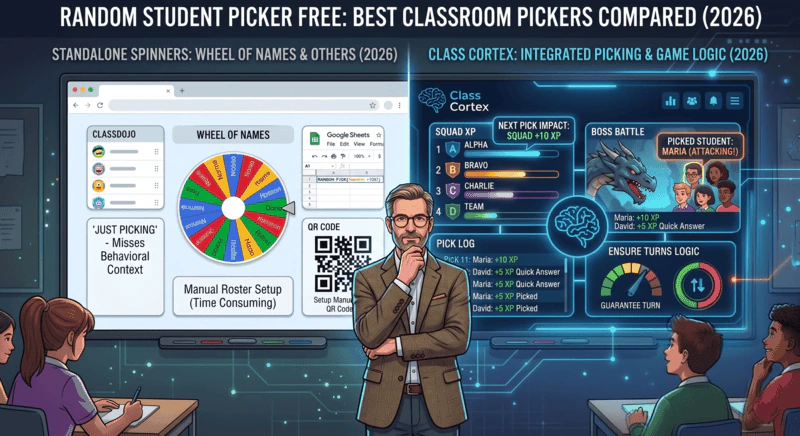 Comparison of the best free random student picker tools for teachers in 2026 showing Class Cortex Student Picker versus Wheel of Names and ClassDojo