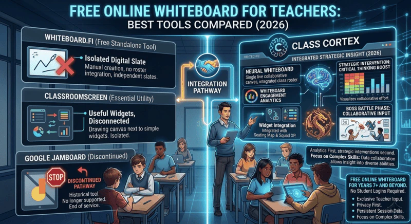 Free online whiteboard for teachers comparison showing Class Cortex Tactical Whiteboard with pen tools, shapes, laser pointer and live Mission HUD overlay on a classroom smartboard