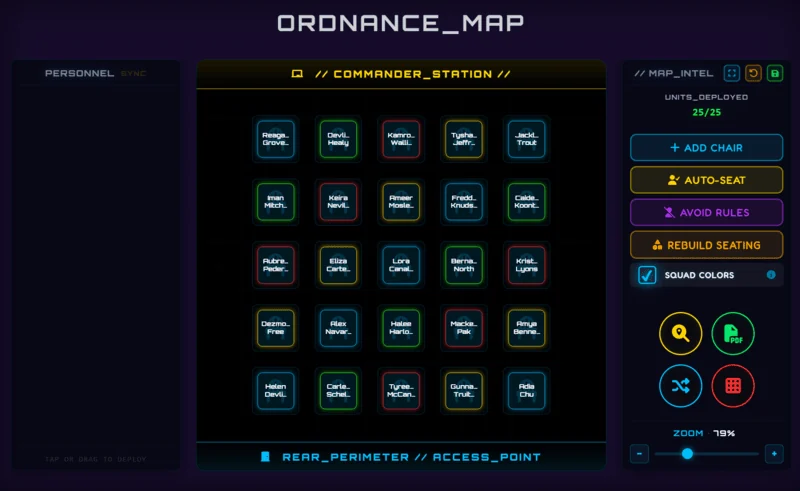 Class Cortex drag-and-drop digital seating chart showing classroom layout with student names and squad assignments