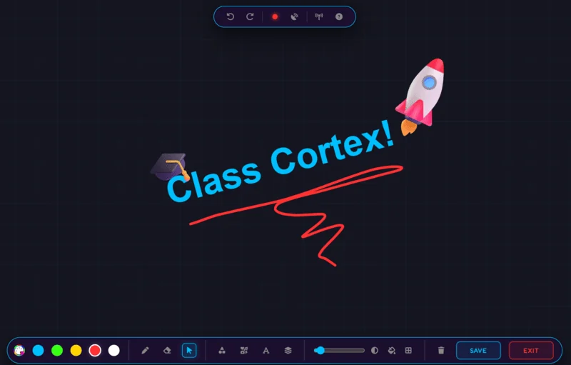 Class Cortex tactical whiteboard with pen, shapes, laser pointer and Mission HUD overlay showing class objectives
