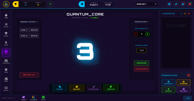 Class Cortex Chance dice and coin roll interface