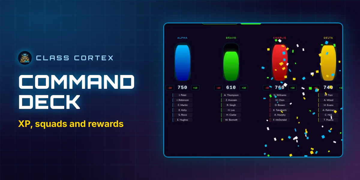 Class Cortex Command Deck showing squads, goals, and the Neural Core avatar economy