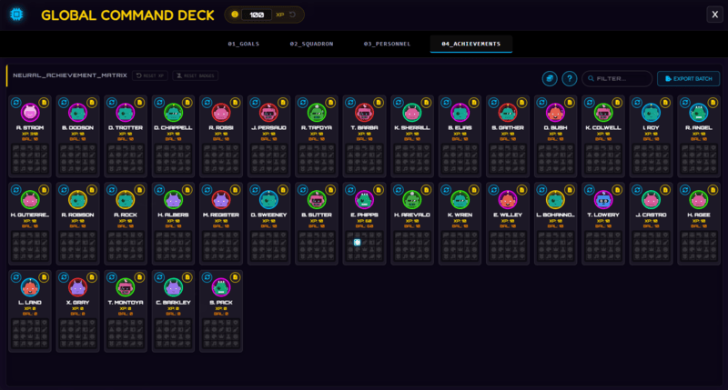 Class Cortex Command Deck showing class and squad achievement badges