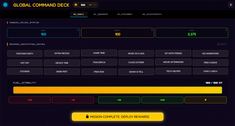 Class Cortex Command Deck showing the Weekly XP Target and Reward Gacha