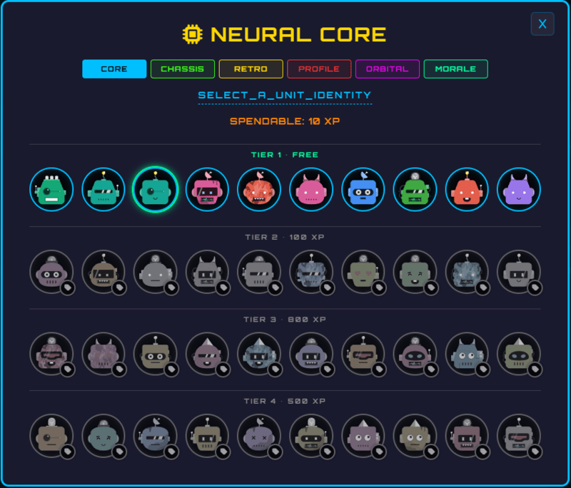 Class Cortex Command Deck showing the Neural Core avatar economy