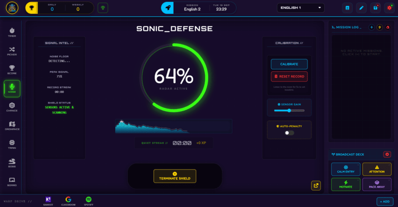 Class Cortex Noise Monitor showing the live volume HUD ring