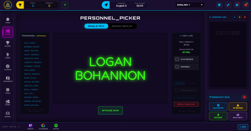 Class Cortex Picker interface for random student selection
